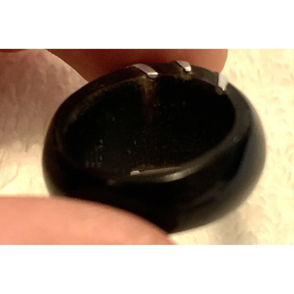 Vintage Bakelite Ring Black Dome w/ Silver Inlay Stripes Chunky Band Size 5